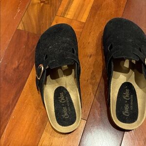 Chase + Chloe Black Suede Buckle Mules